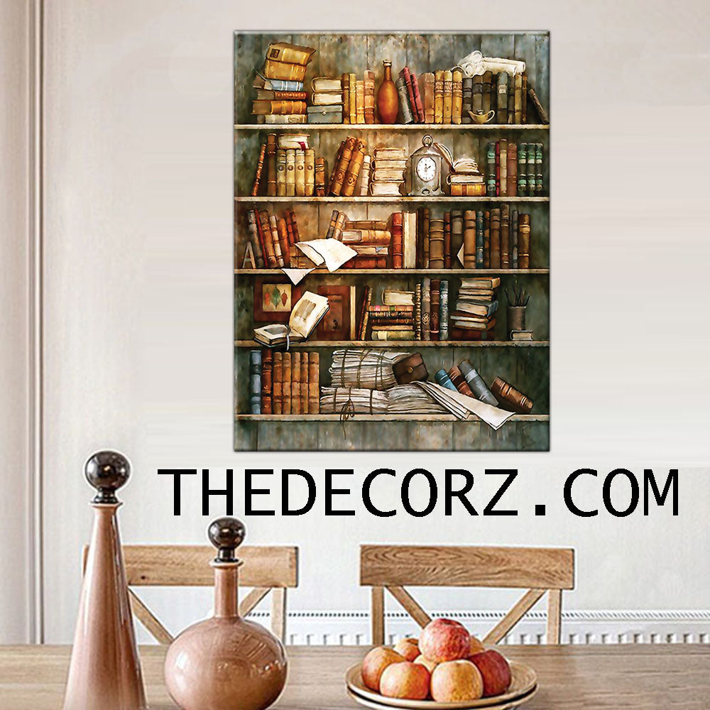Vintage Book Shelves Art Work Printed Wall Frame