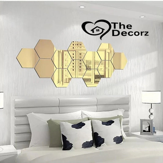Golden & Silver Hexa Glow Acrylic Wall Mirror Décor (12 Pieces)